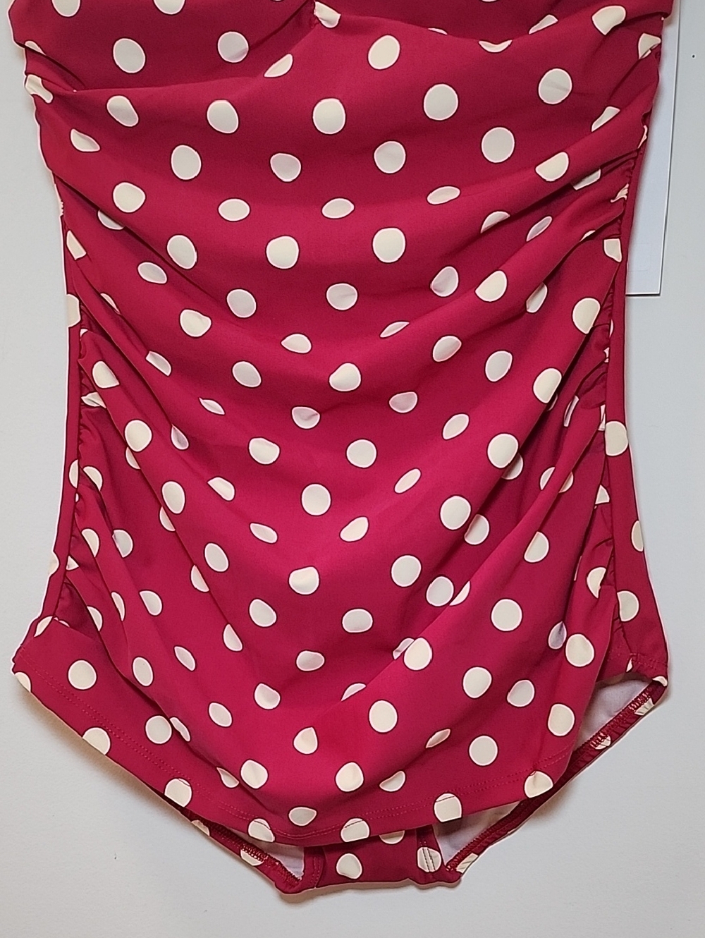Esther Williams red white polkadot halter one-piece swimsuit ruched fabric Sz 12 - Picture 7 of 16